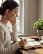 Amelia Jane Handmade Creations green aventurine drop earrings with S925 posts worn by a woman writing in a journal.