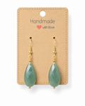 Amelia Jane Handmade Creations green aventurine teardrop earrings with gold S925 posts on a display card
