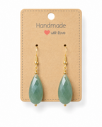 Amelia Jane Handmade Creations green aventurine teardrop earrings with gold S925 posts on a display card