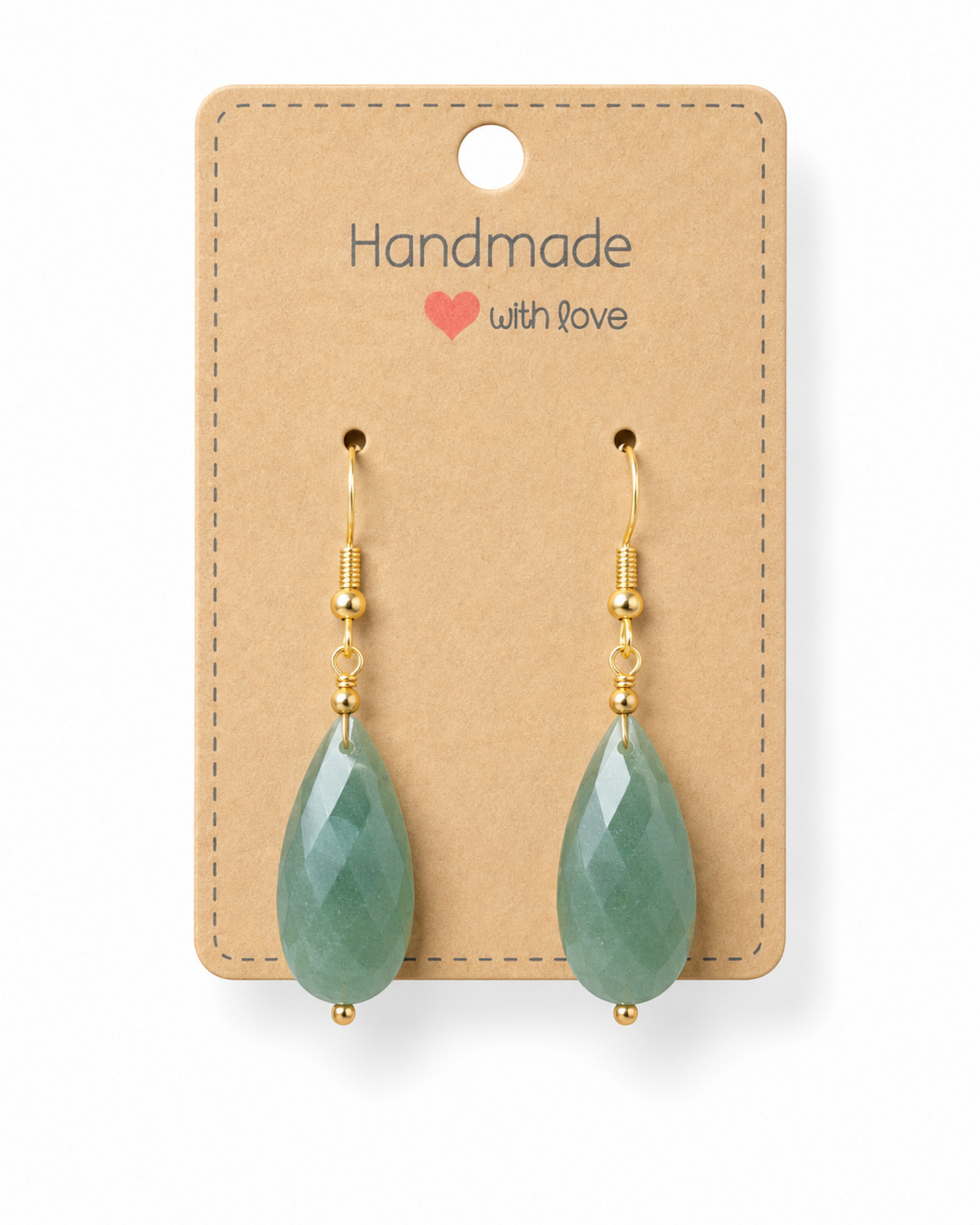 Amelia Jane Handmade Creations green aventurine teardrop earrings with gold S925 posts on a display card