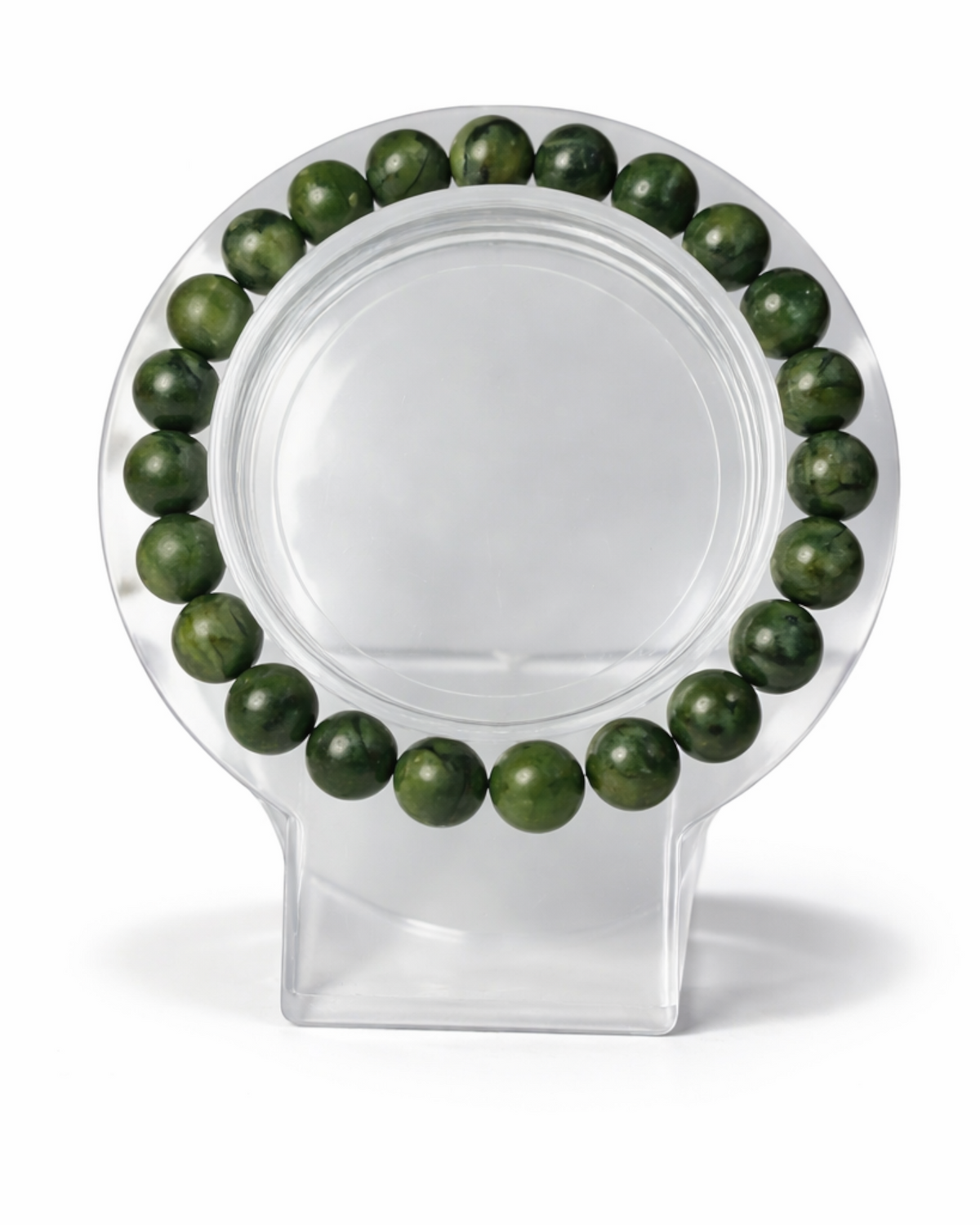 Amelia Jane Handmade Creations 7-inch green jade beaded bracelet on a clear circular display stand