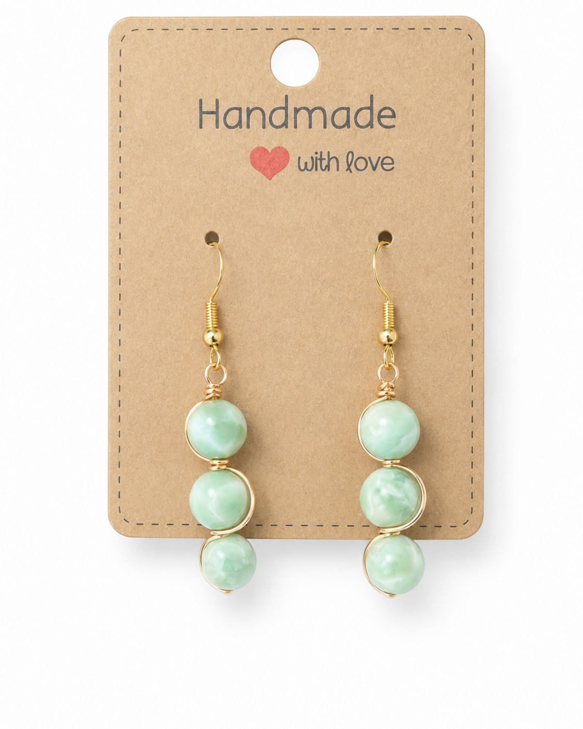 Amelia Jane Handmade Creations green moonstone drop earrings with S925 gold-tone wire wrapping on display card