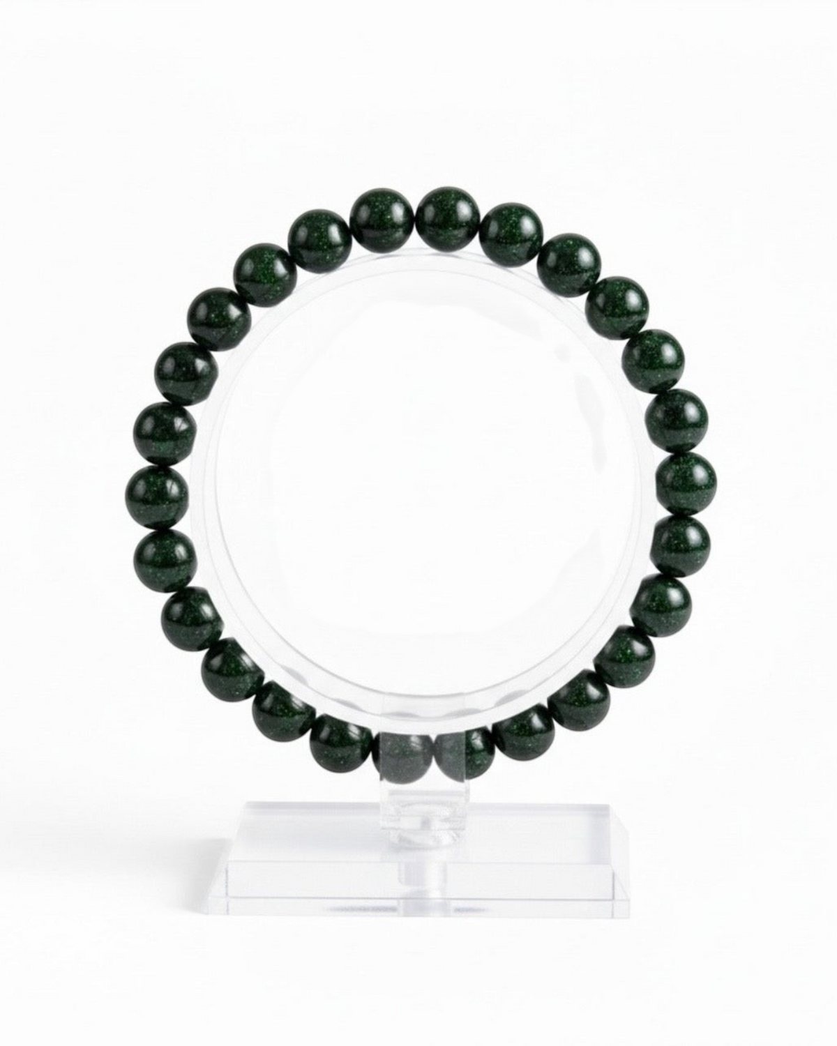 Amelia Jane Handmade Creations 7-inch green sandstone beaded bracelet on a clear display stand