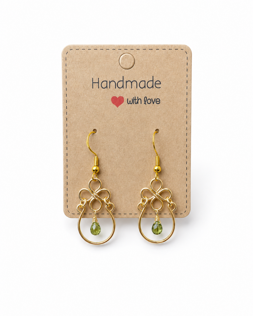 Amelia Jane Handmade Creations green tourmaline teardrop earrings with gold wire filigree and s925 posts on a card.