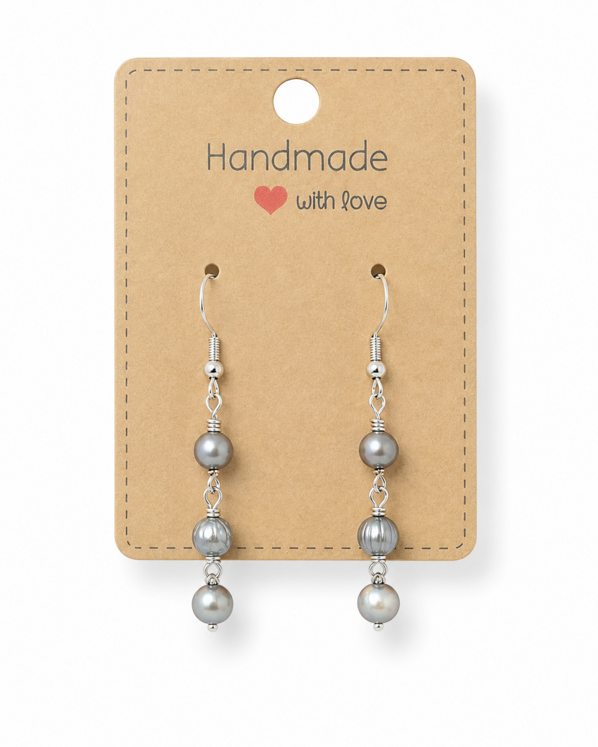 Amelia Jane Handmade Creations freshwater pearl dangle earrings with S925 silver posts on a kraft display card.