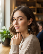 Amelia Jane Handmade Creations hypersthene drop earrings with S925 posts worn by a woman in a cafe