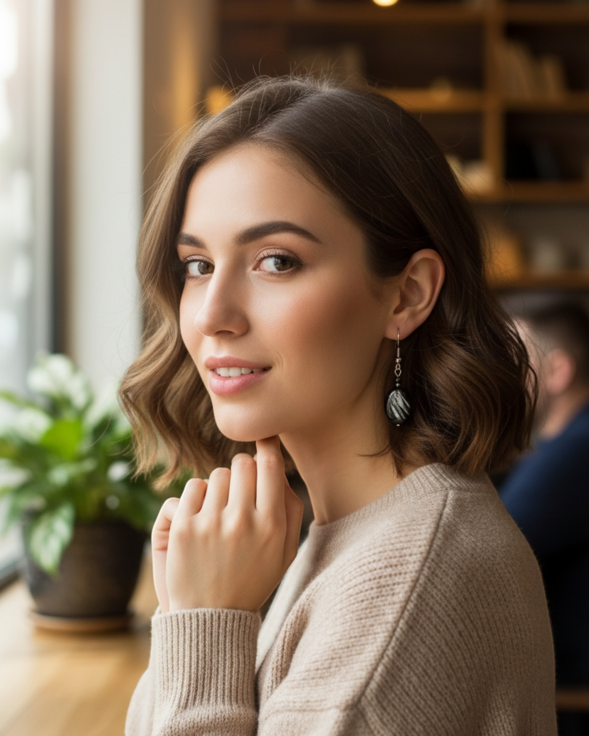 Amelia Jane Handmade Creations hypersthene drop earrings with S925 posts worn by a woman in a cafe
