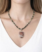 Amelia Jane Handmade Creations Indian agate beaded necklace with a large ocean jasper pendant worn on a model