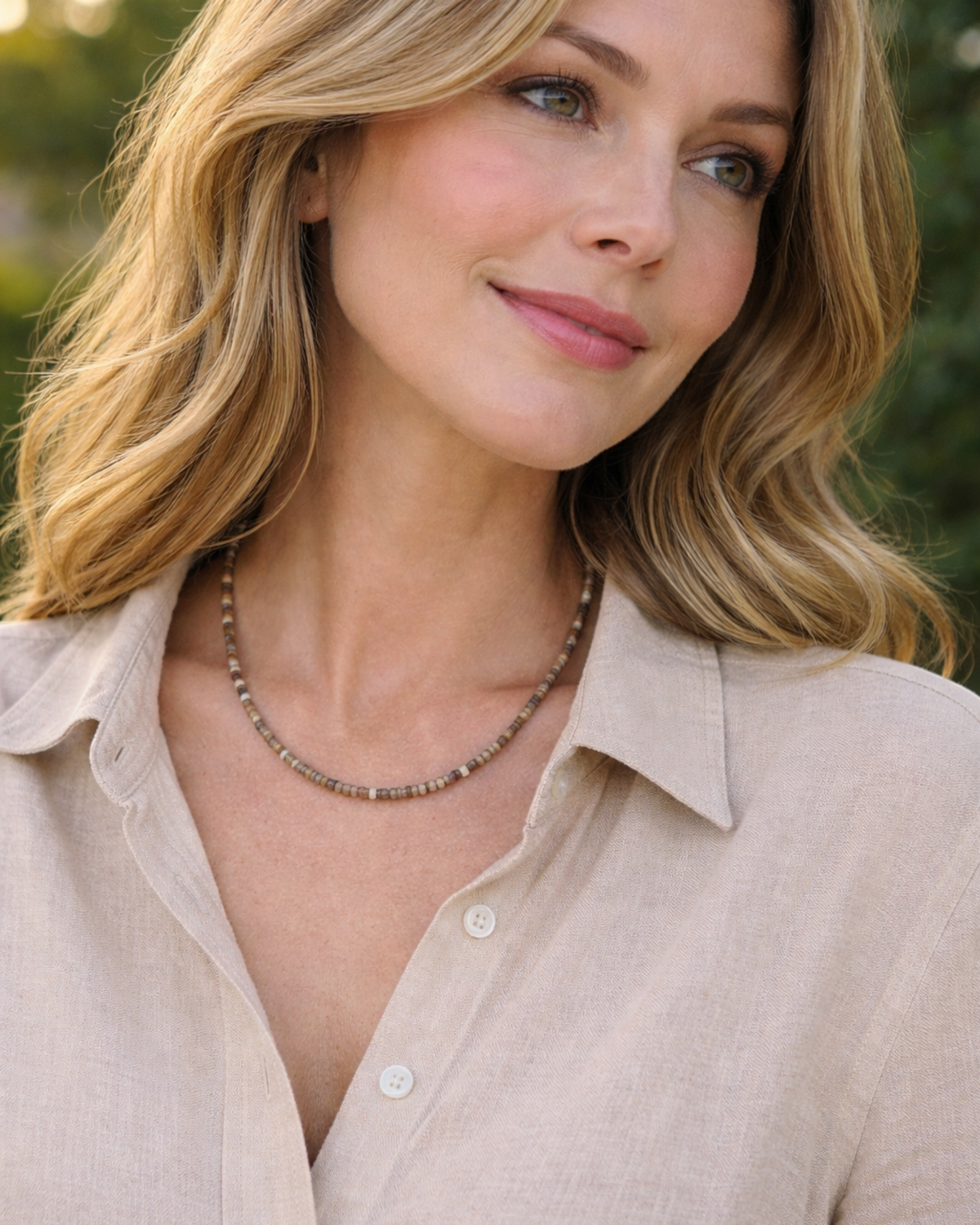 Amelia Jane Handmade Creations frosted picture jasper and silver hematite beaded necklace worn by a woman