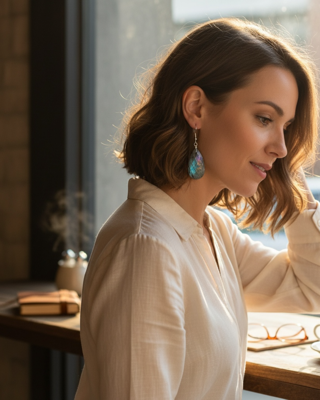 Amelia Jane Handmade Creations labradorite teardrop earrings with S925 posts worn by a woman in a cafe setting