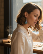 Amelia Jane Handmade Creations labradorite teardrop earrings with S925 posts worn by a woman in a cafe setting