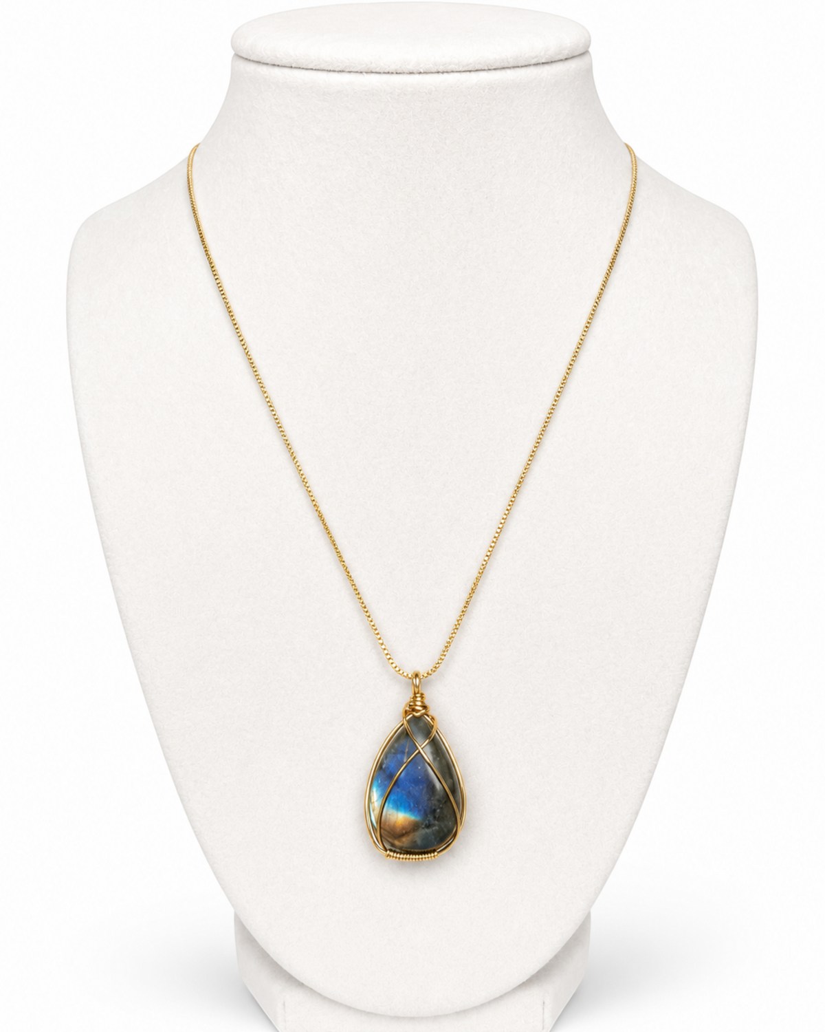 Amelia Jane Handmade Creations wire wrapped labradorite teardrop pendant necklace on a gold filled chain
