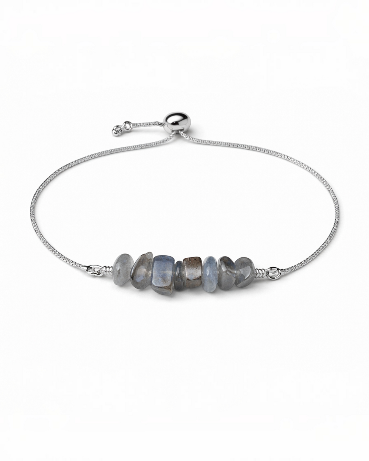 Amelia Jane Handmade Creations adjustable lariat bracelet featuring raw grey labradorite stones on a silver chain