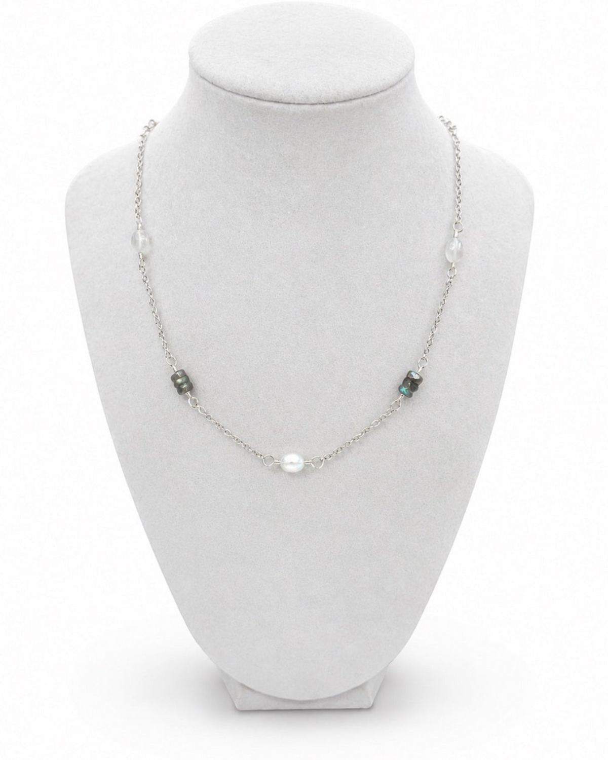 Amelia Jane Handmade Creations 17-inch necklace featuring labradorite and moonstone beads on a silver plated chain.
