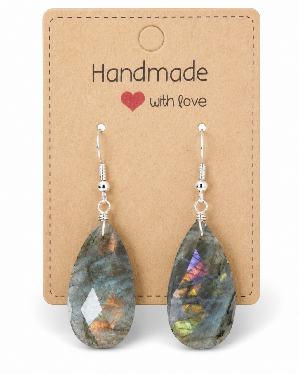 Amelia Jane Handmade Creations labradorite teardrop earrings with S925 silver posts on a kraft paper display card