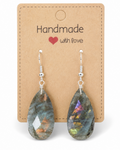 Amelia Jane Handmade Creations labradorite teardrop earrings with S925 silver posts on a kraft paper display card