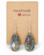 Amelia Jane Handmade Creations labradorite teardrop earrings with S925 silver posts on a kraft paper display card