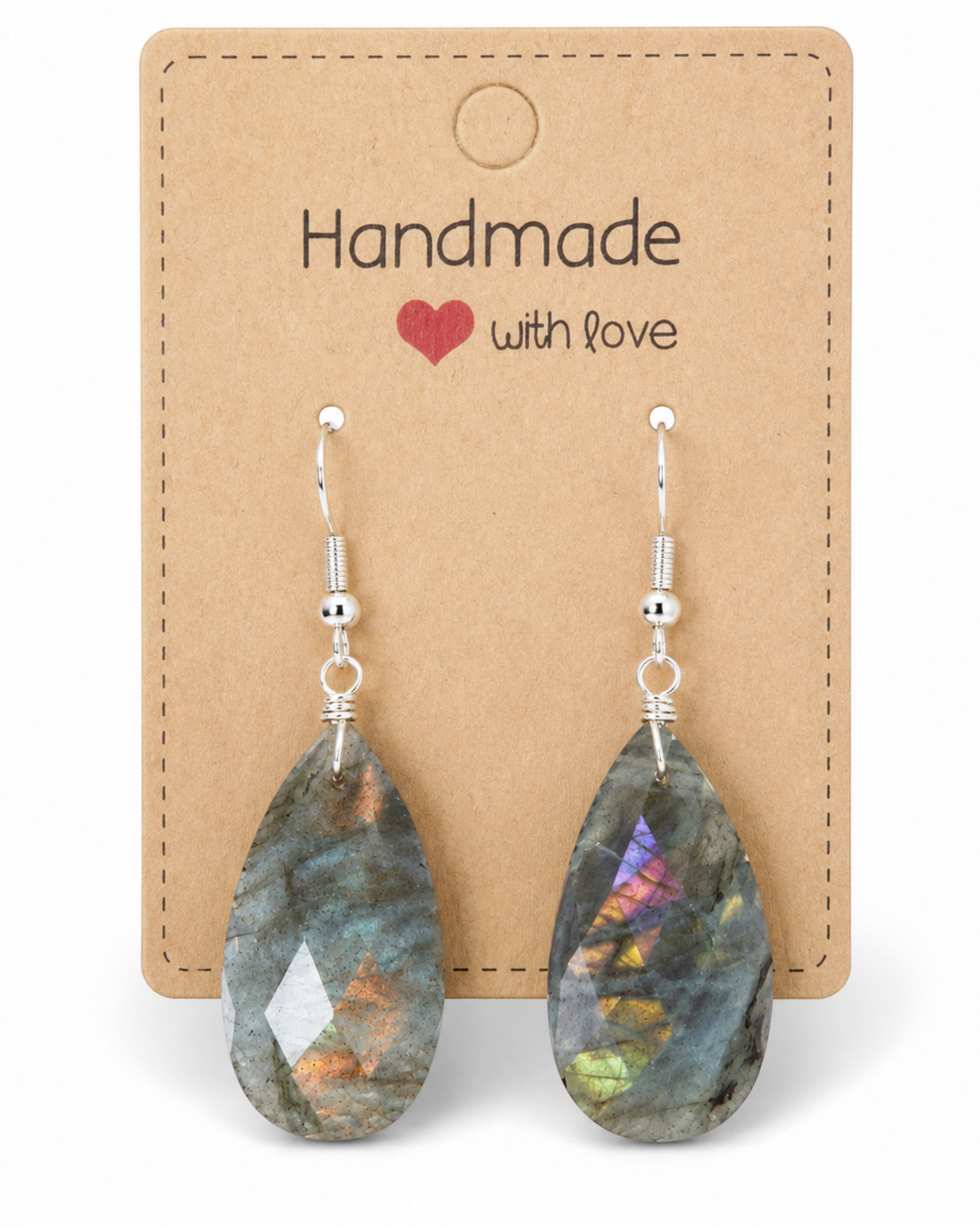 Amelia Jane Handmade Creations labradorite teardrop earrings with S925 silver posts on a kraft paper display card