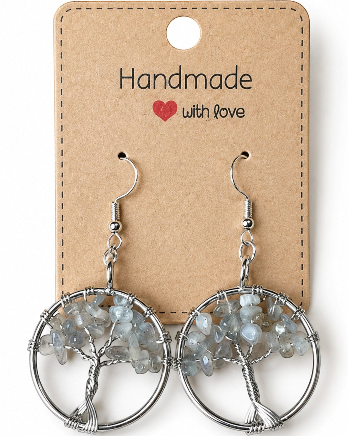 Amelia Jane Handmade Creations wire-wrapped Tree of Life earrings with natural Labradorite gemstone chips on card.