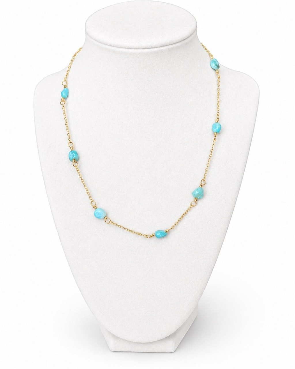 Amelia Jane Handmade Creations Larimar necklace with genuine ocean-blue stones on a 14k gold filled chain.
