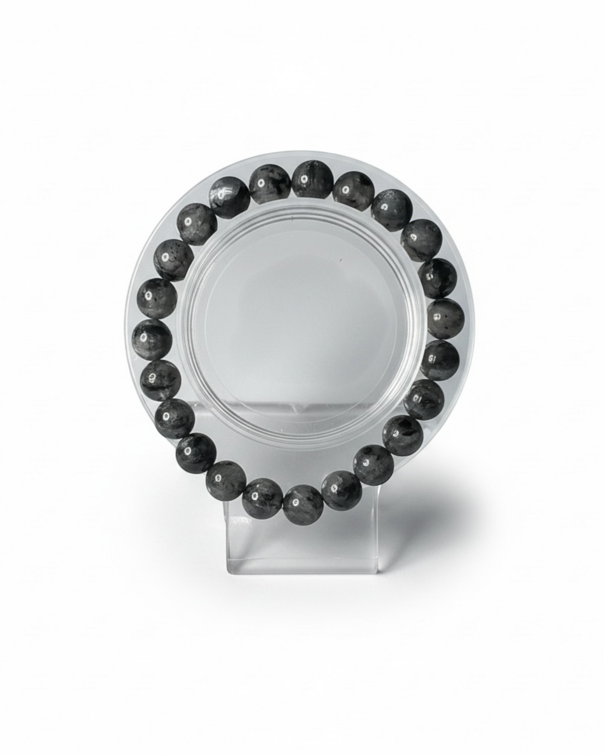 Amelia Jane Handmade Creations 7-inch Larvikite beaded bracelet with polished grey and black stone spheres