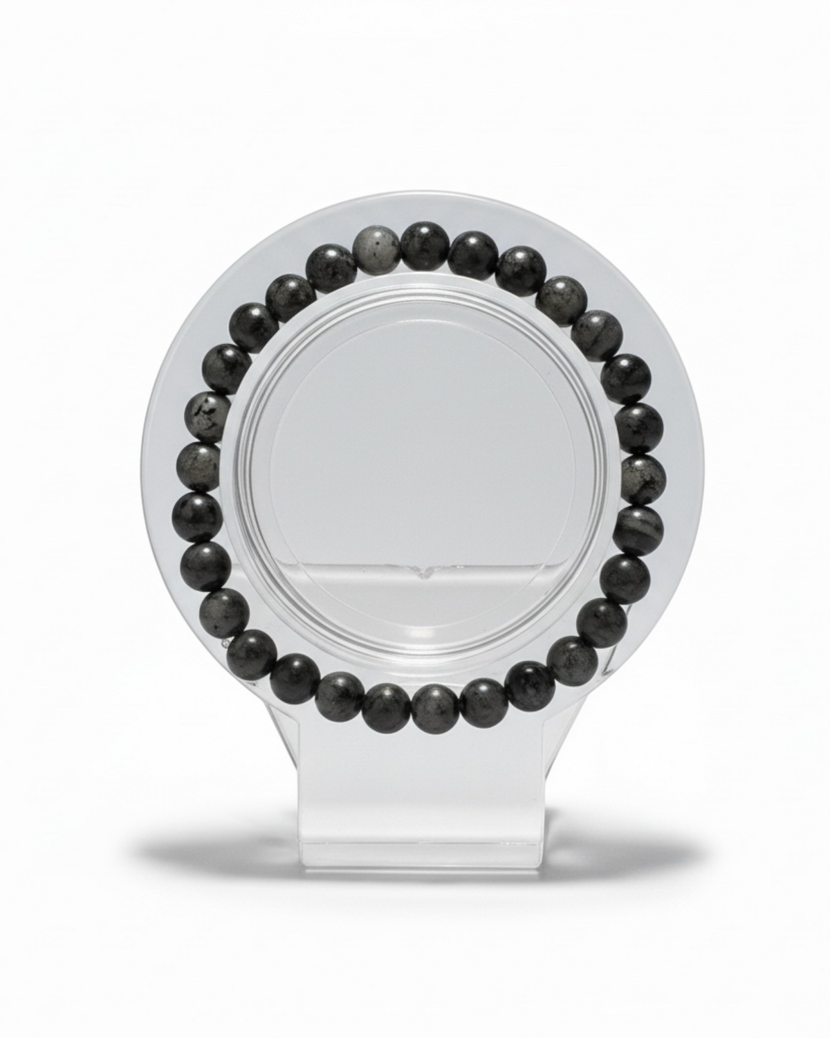 Amelia Jane Handmade Creations 7-inch Larvikite beaded bracelet with grey and black natural stone spheres