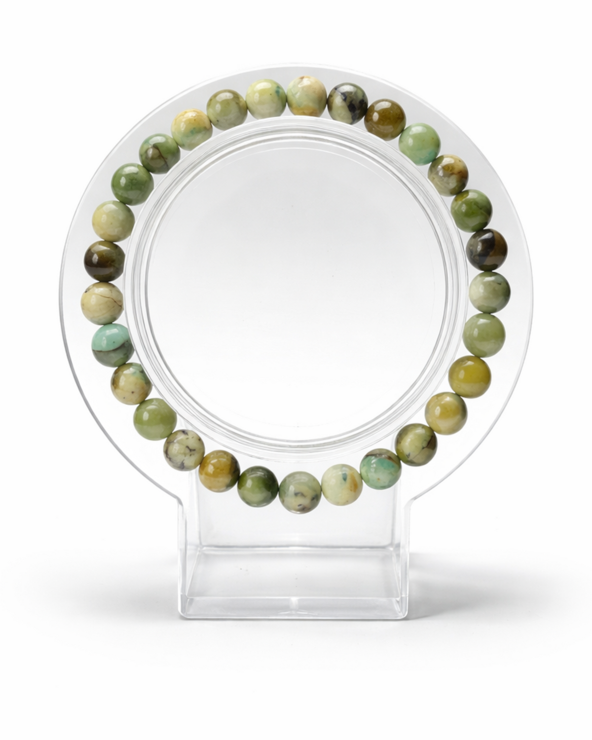 Amelia Jane Handmade Creations 7-inch lime green jasper beaded bracelet on a clear circular display stand