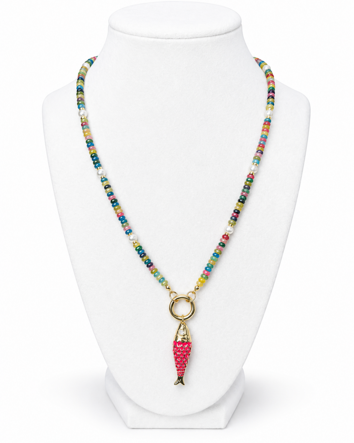 Amelia Jane Handmade Creations Lucky Catch necklace featuring a pink fish charm, multicolored jade, and pearls.