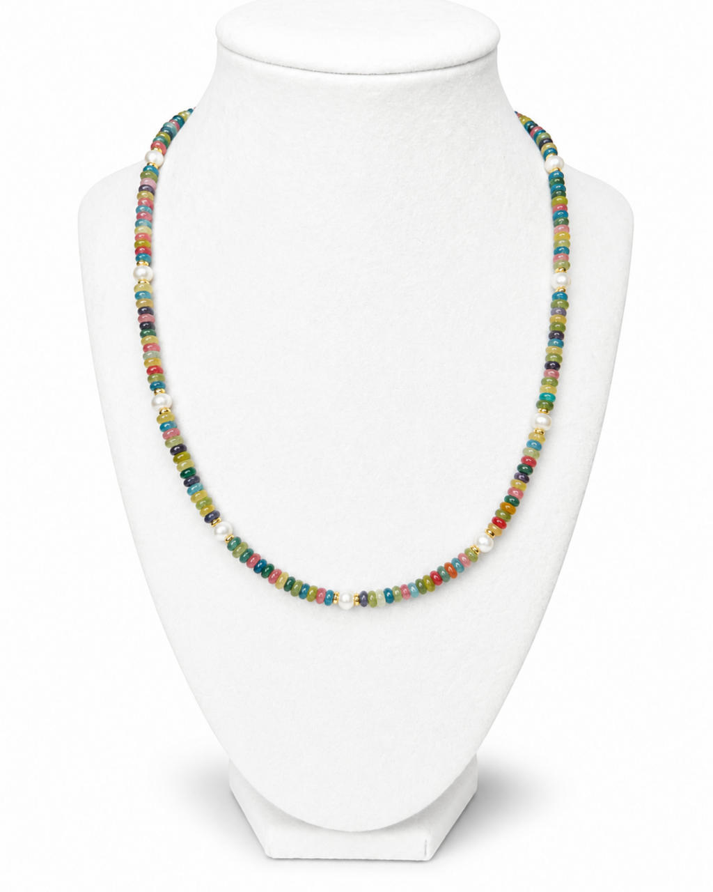 Amelia Jane Handmade Creations Lucky Catch necklace featuring multicolored jade, hematite, and pearls on a 19-inch chain