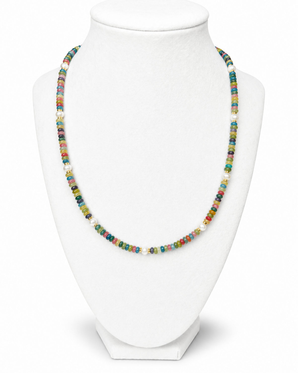 Amelia Jane Handmade Creations Lucky Catch necklace featuring multicolored jade, hematite, and pearls on a 19-inch chain
