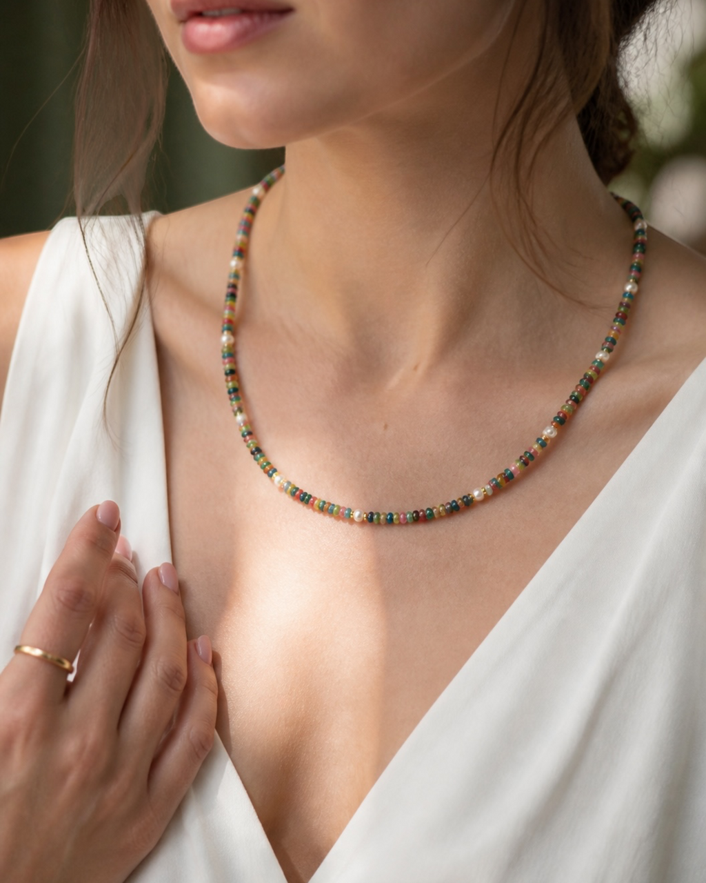 Amelia Jane Handmade Creations 19-inch Lucky Catch necklace with multicolored jade, hematite, and freshwater pearls.