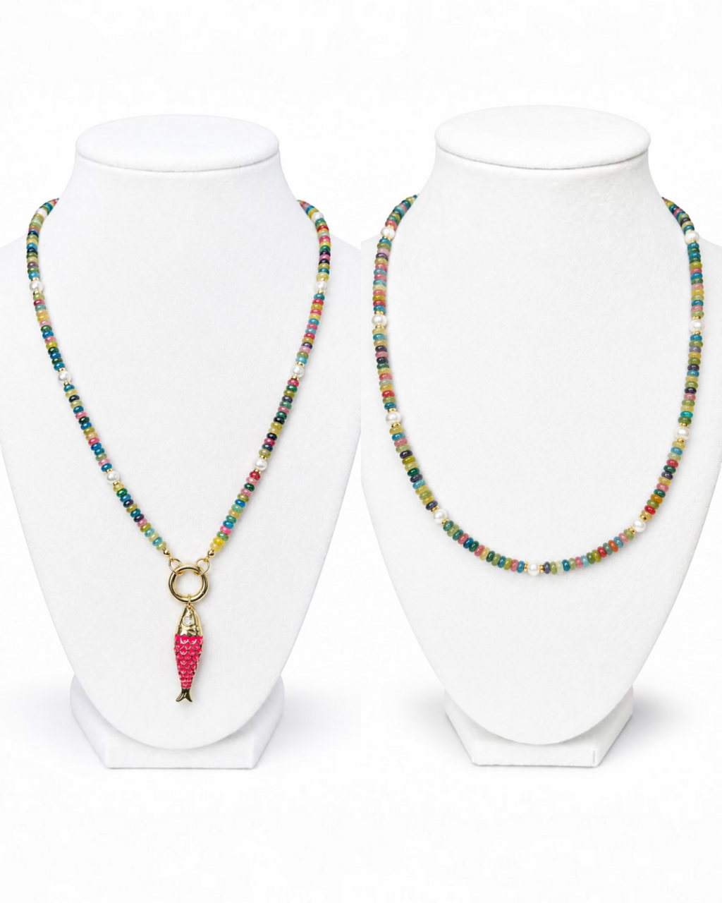 Amelia Jane Handmade Creations 19-inch necklace with multicolored jade, hematite, freshwater pearls, and fish charm.