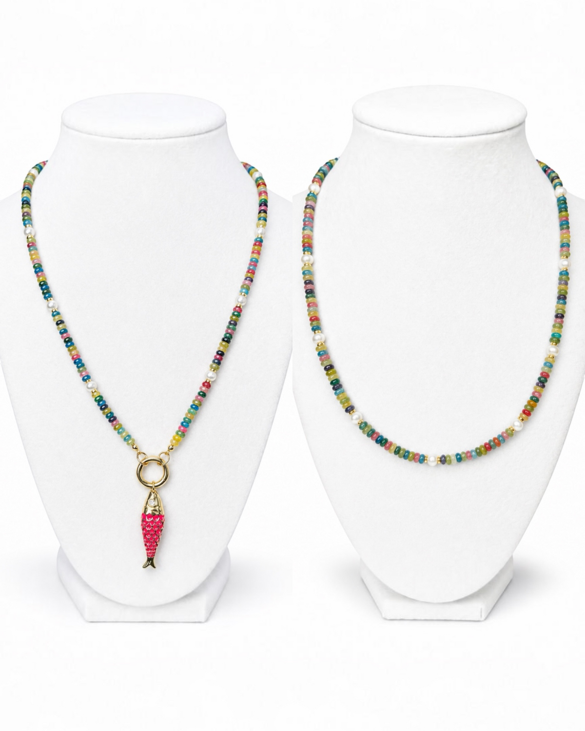 Amelia Jane Handmade Creations 19-inch necklace with multicolored jade, hematite, freshwater pearls, and fish charm.