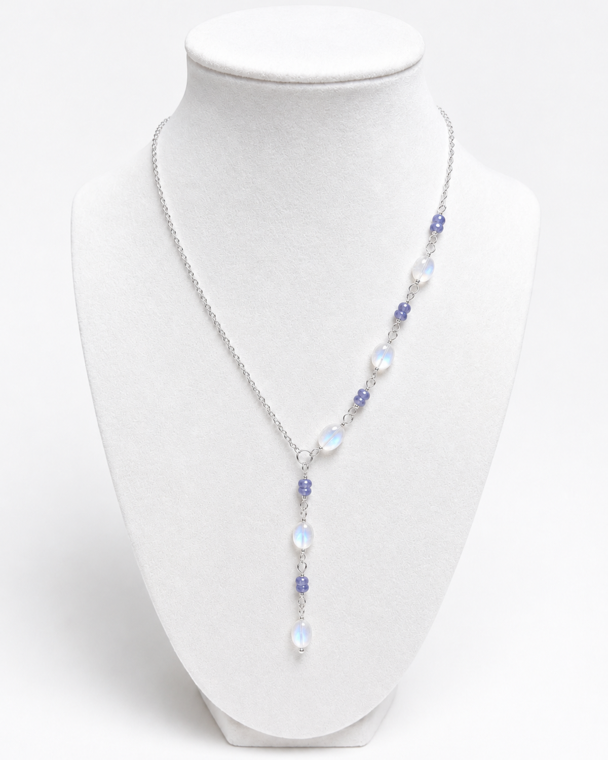 Amelia Jane Handmade Creations Lunar Tide necklace with tanzanite and moonstone beads on a silver plated chain.