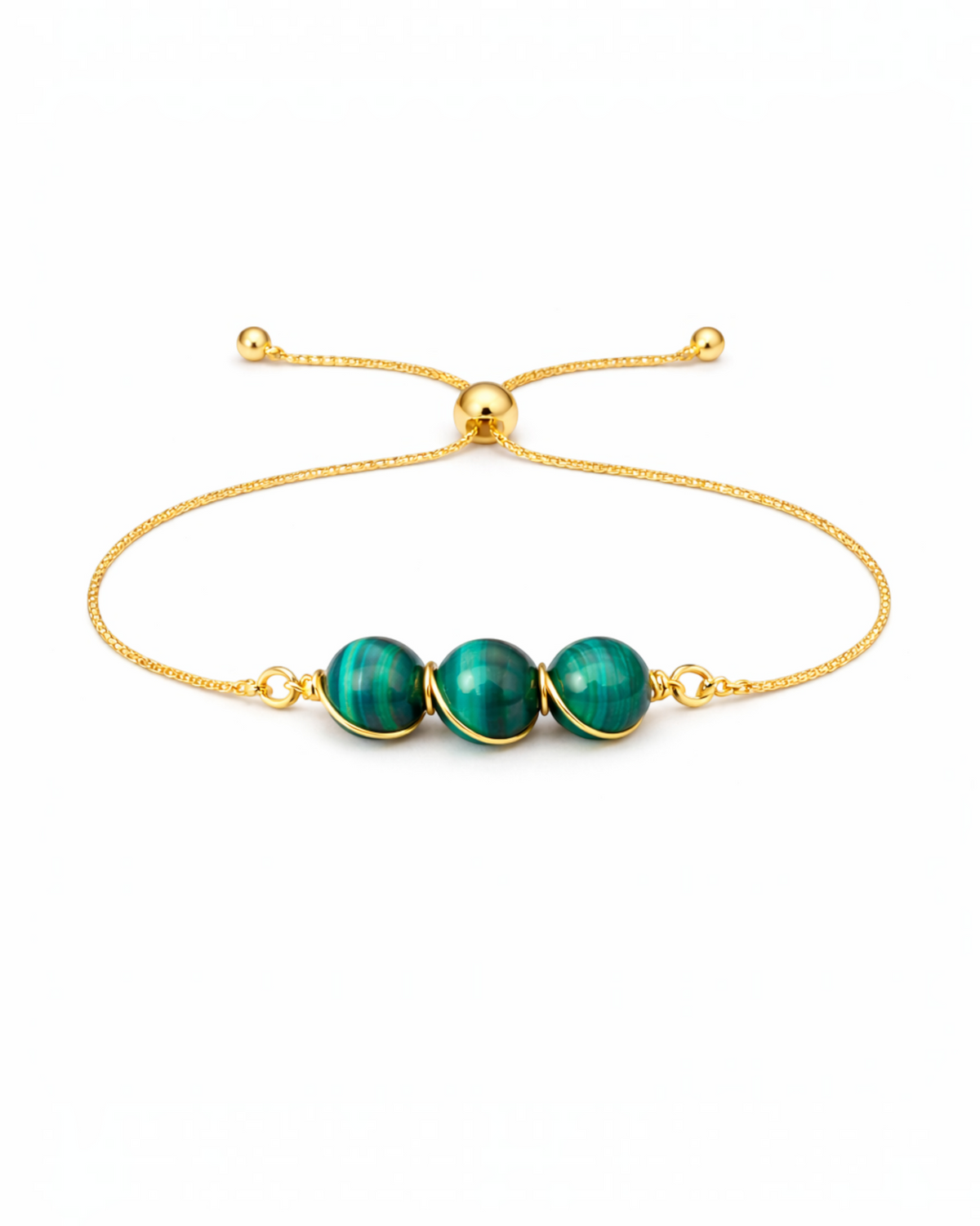 Amelia Jane Handmade Creations adjustable bracelet featuring three green malachite beads wrapped in gold wire