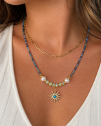 Amelia Jane Handmade Creations Midnight Star necklace with kyanite, Ethiopian opals, and pearls on a gold filled chain