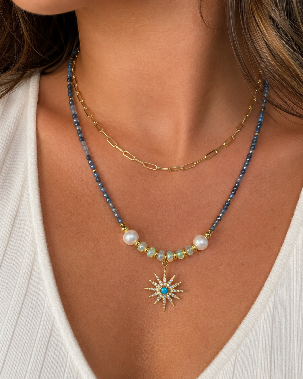 Amelia Jane Handmade Creations Midnight Star necklace with kyanite, Ethiopian opals, and pearls on a gold filled chain