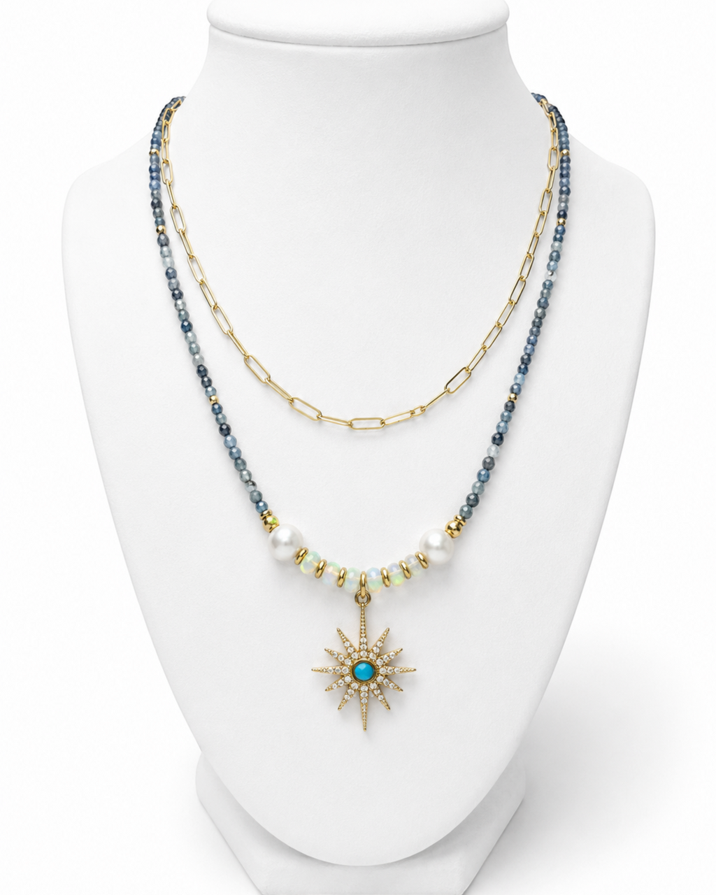 Amelia Jane Handmade Creations Midnight Star necklace with gold filled chain, kyanite, opal, and freshwater pearls.