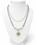 Amelia Jane Handmade Creations Midnight Star necklace with gold filled chain, kyanite, opal, and freshwater pearls.
