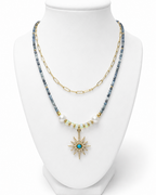 Amelia Jane Handmade Creations Midnight Star necklace with gold filled chain, kyanite, opal, and freshwater pearls.