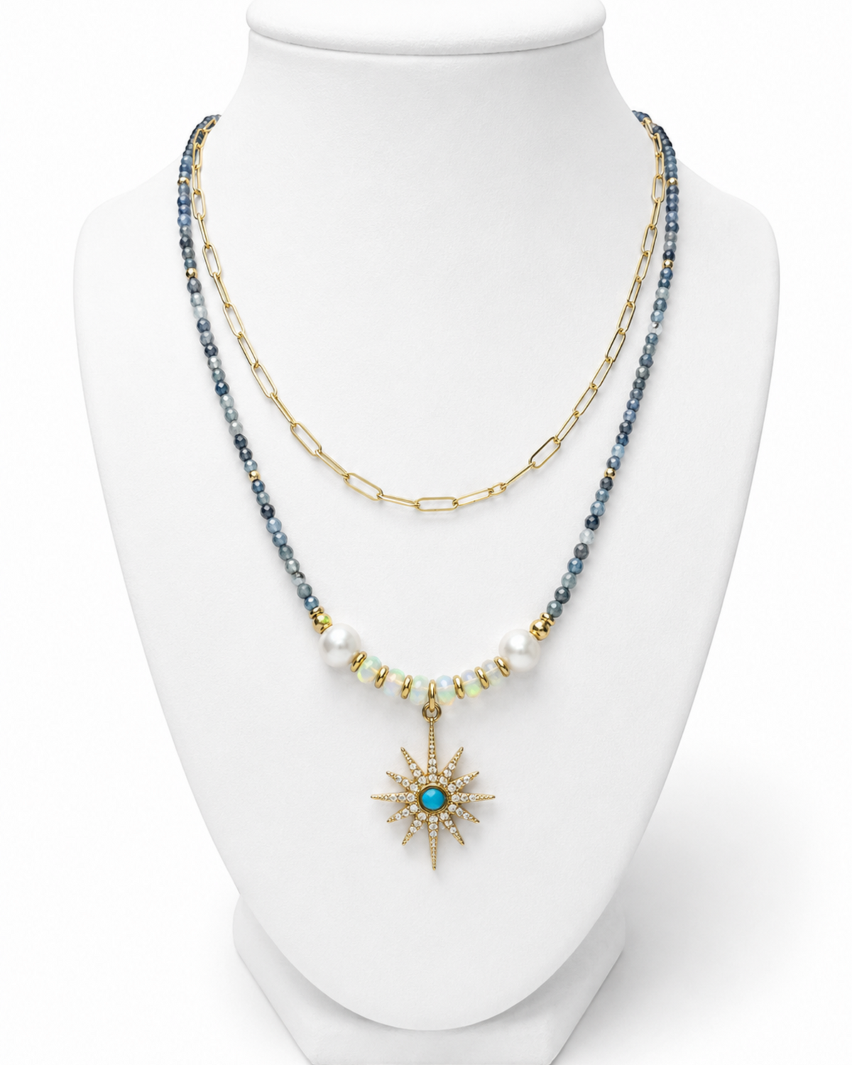 Amelia Jane Handmade Creations Midnight Star necklace with gold filled chain, kyanite, opal, and freshwater pearls.