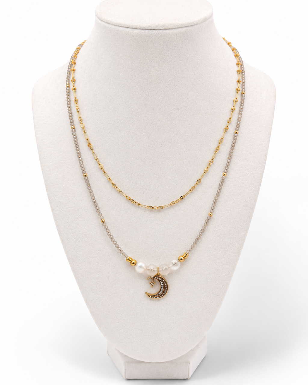Amelia Jane Handmade Creations Moonlit Mist layered necklace with gold filled chain, labradorite, and moon pendant.