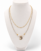 Amelia Jane Handmade Creations Moonlit Mist layered necklace with gold filled chain, labradorite, and moon pendant.
