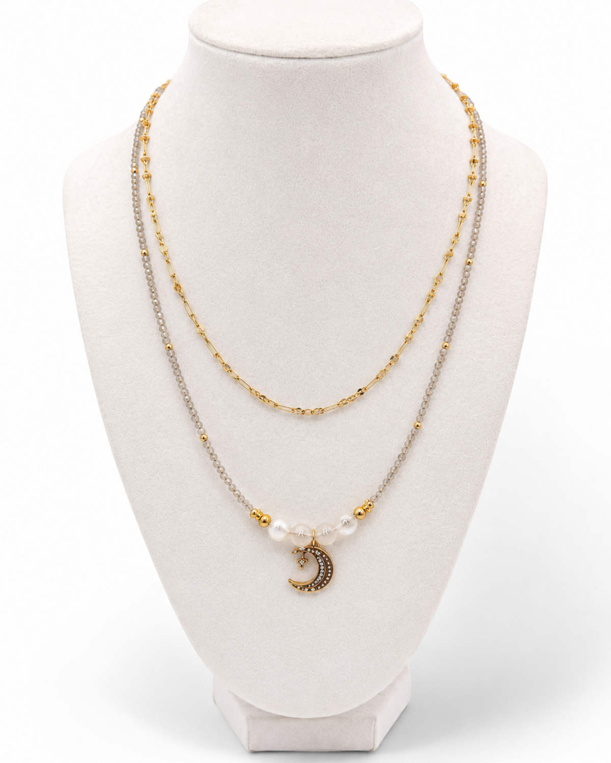 Amelia Jane Handmade Creations Moonlit Mist layered necklace with gold filled chain, labradorite, and moon pendant.