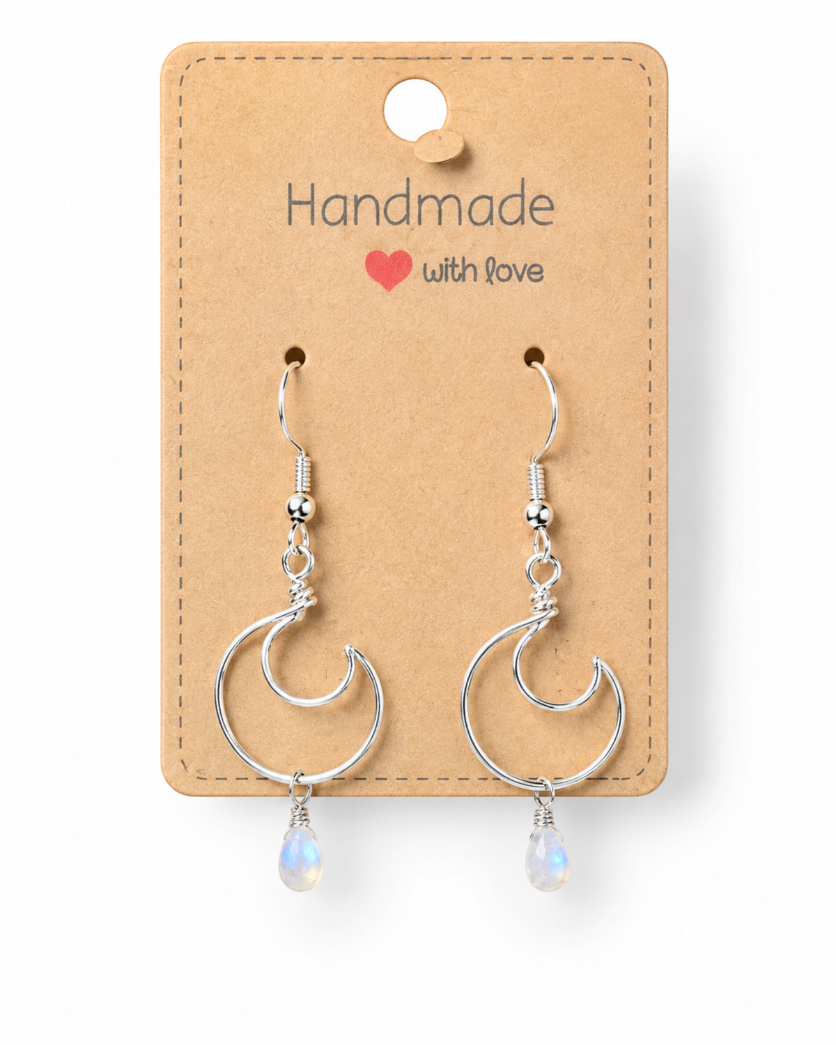 Amelia Jane Handmade Creations moonstone moon earrings with S925 silver wire on a kraft paper display card