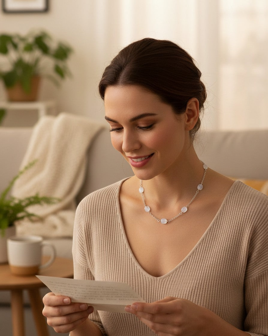 Amelia Jane Handmade Creations moonstone necklace with translucent stones on a silver-plated chain worn by a woman