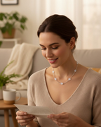 Amelia Jane Handmade Creations moonstone necklace with translucent stones on a silver-plated chain worn by a woman