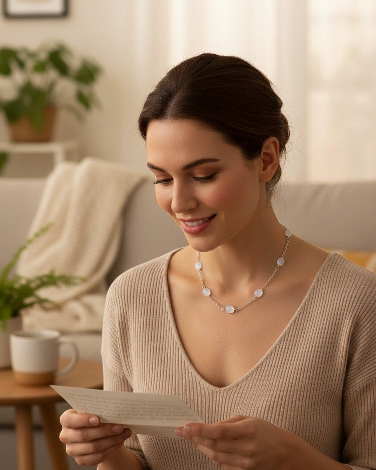 Amelia Jane Handmade Creations moonstone necklace with translucent stones on a silver-plated chain worn by a woman