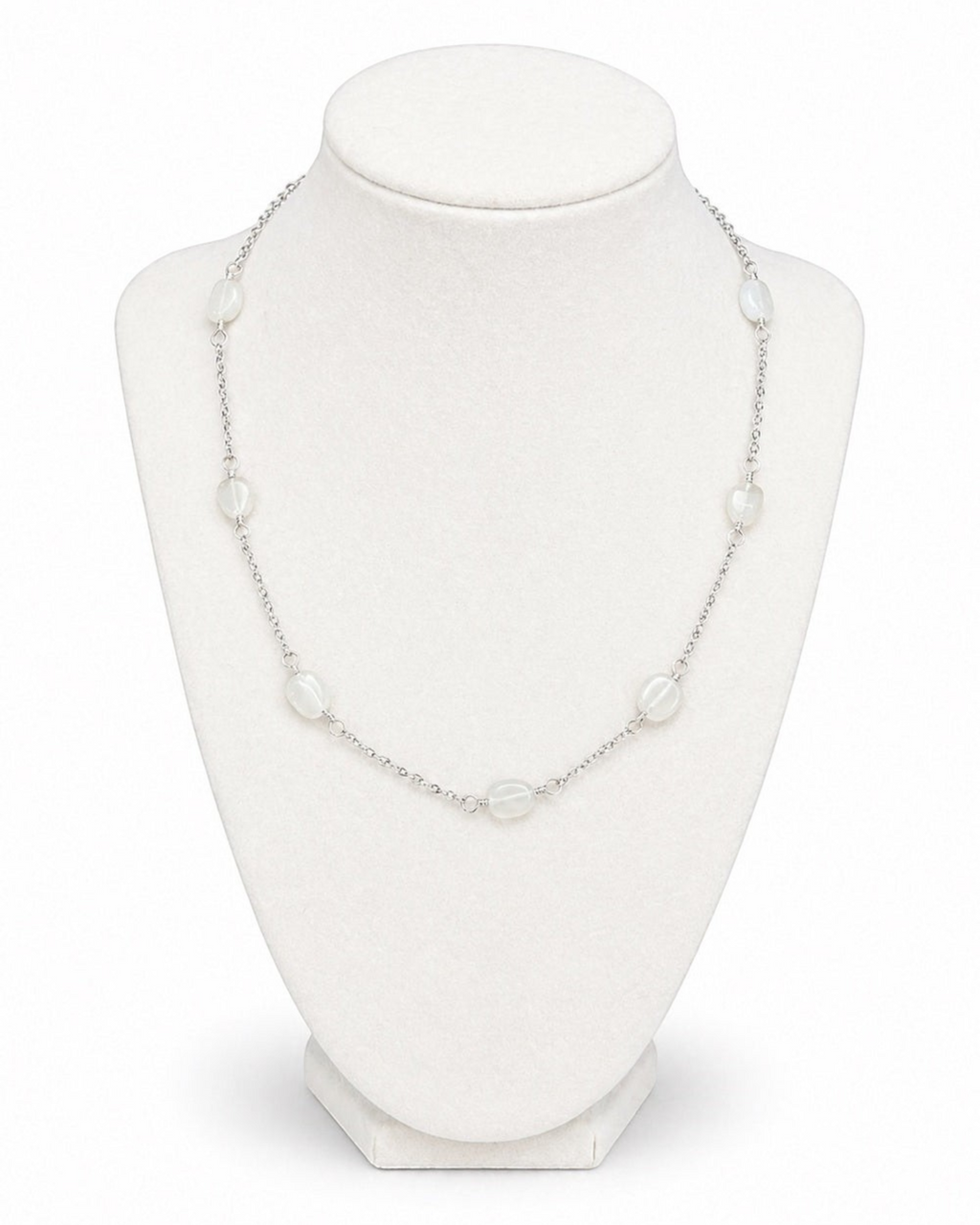 Amelia Jane Handmade Creations 18-inch moonstone necklace with wire-wrapped translucent stones on a silver chain.
