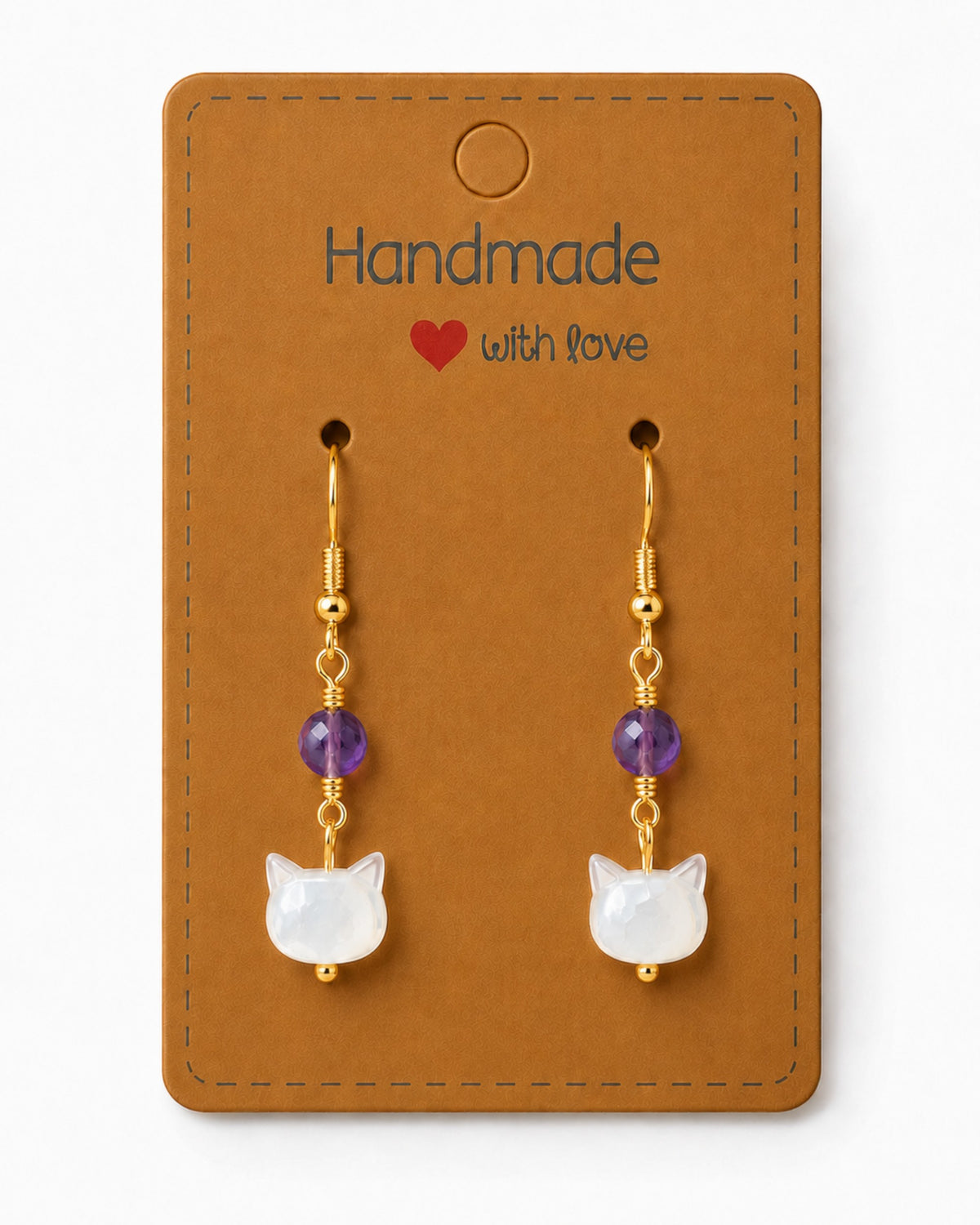 Amelia Jane Handmade Creations MOP kitty earrings with purple amethyst beads and gold s925 posts on a display card.